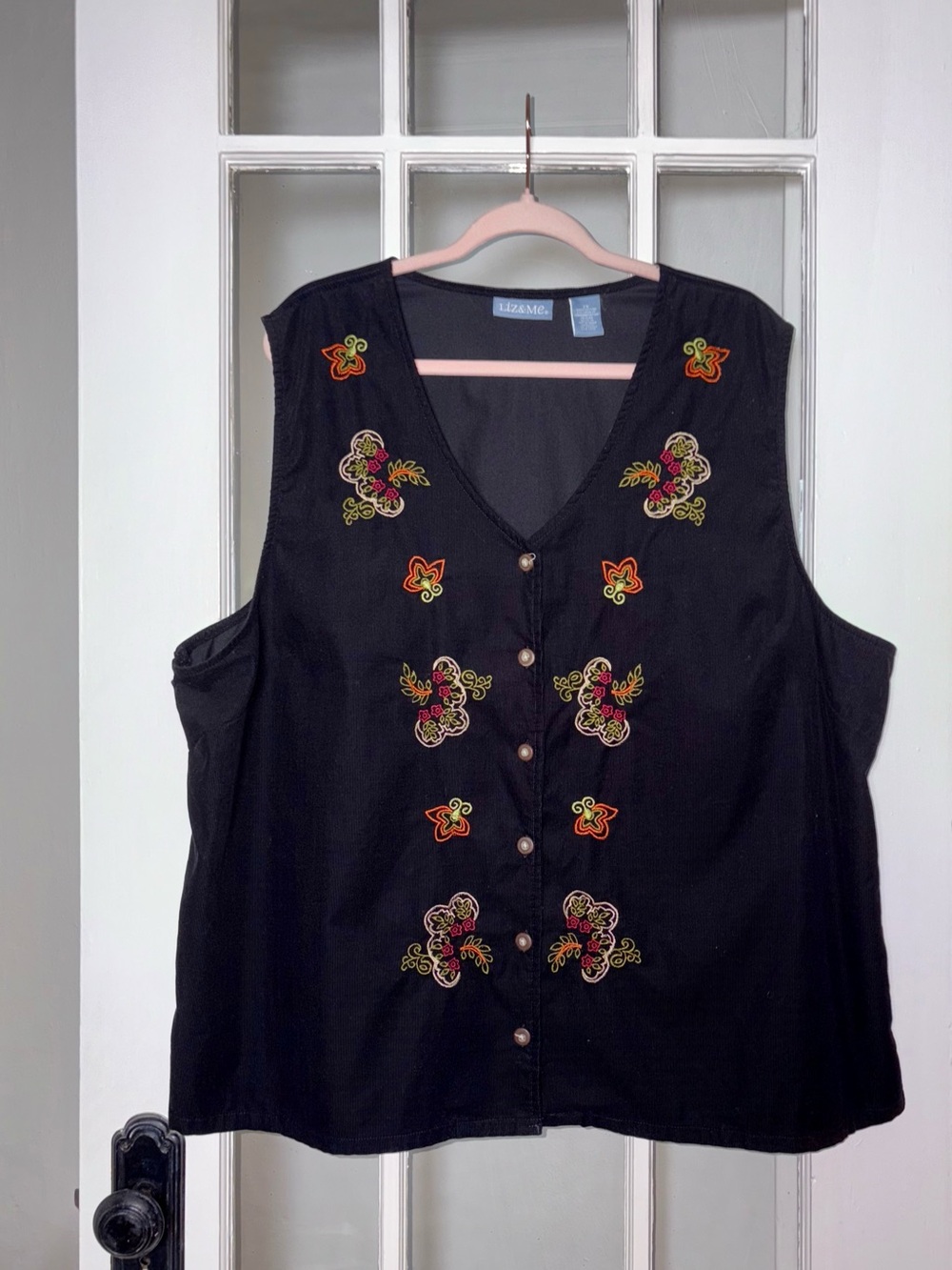 2X Vintage Corduroy Embrodered Vest Fairy Whimsy Black/Green/Orange/Cream